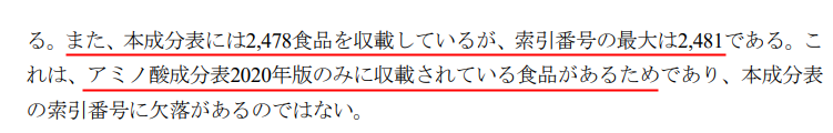 アミノ酸成分表のみに含まれる食品がある